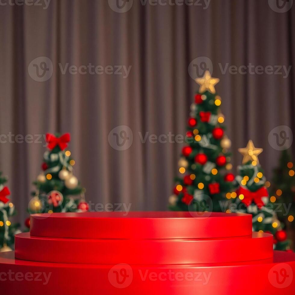 three-layered red cylindrical stand with decorated miniature trees photo