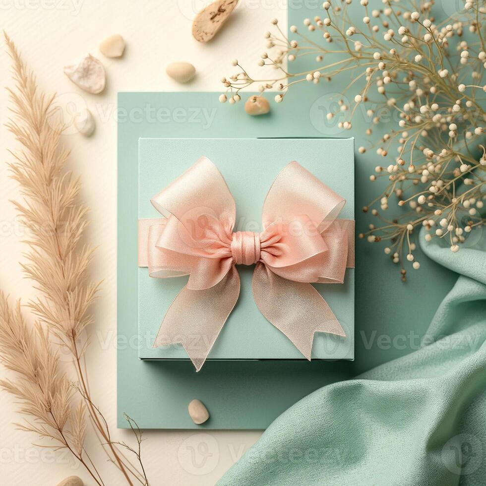 pale green gift box with peach ribbon dried flowers photo