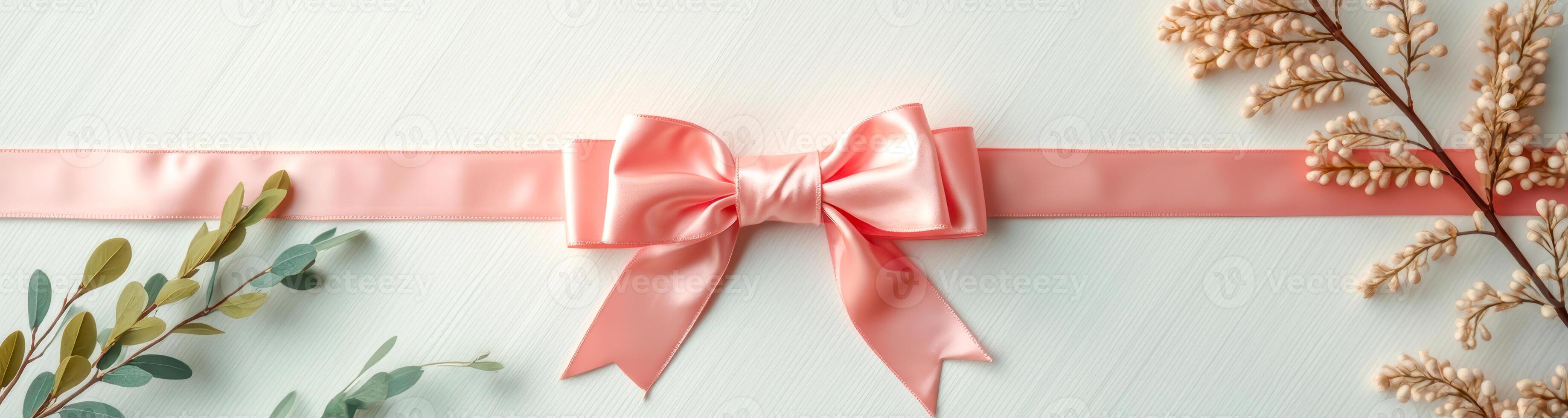 salmon-pink satin ribbon bow with greenery flower accents on white wood. photo
