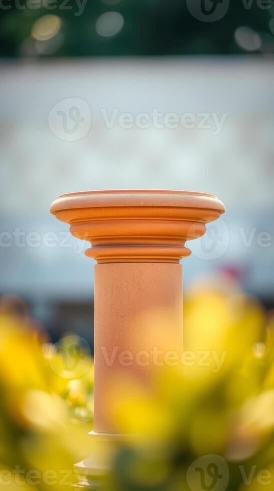 smooth light brown pedestal a garden setting photo