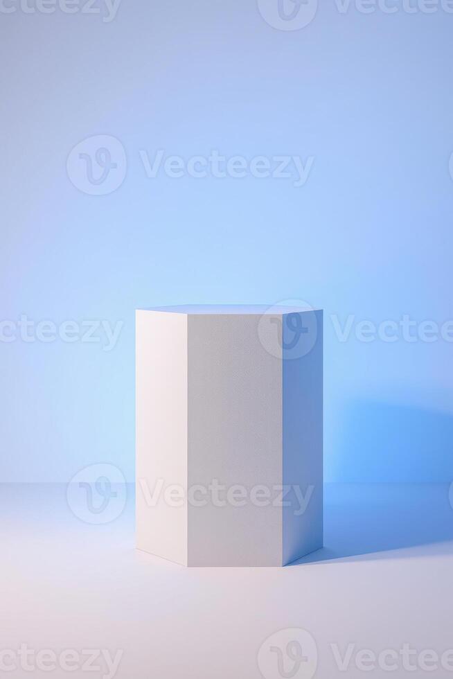 white hexagonal block stands on a white surface against a light blue background. photo
