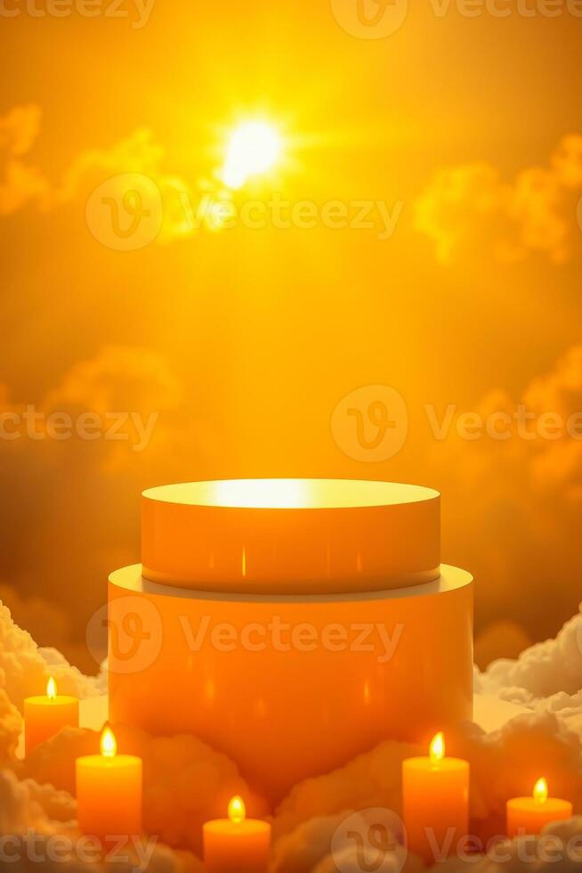 illuminated cylindrical platform on clouds at sunset photo