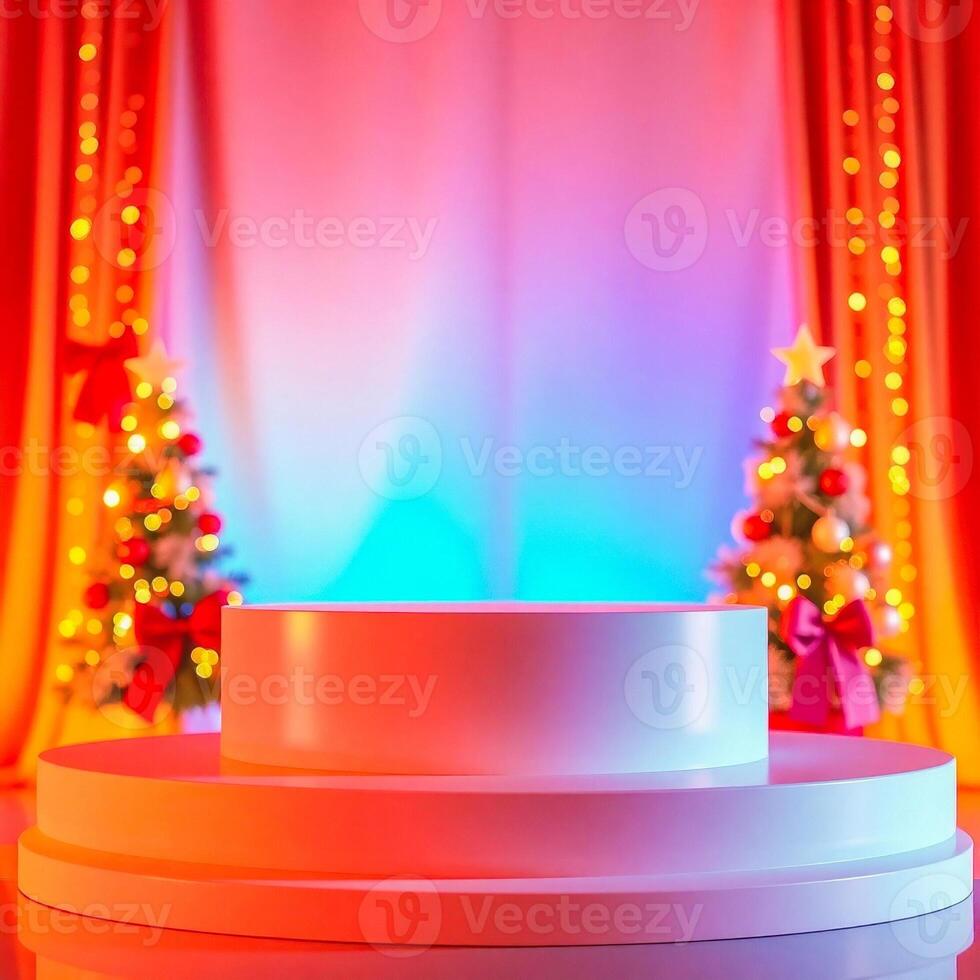 two-tiered round display stand with festive backdrop photo