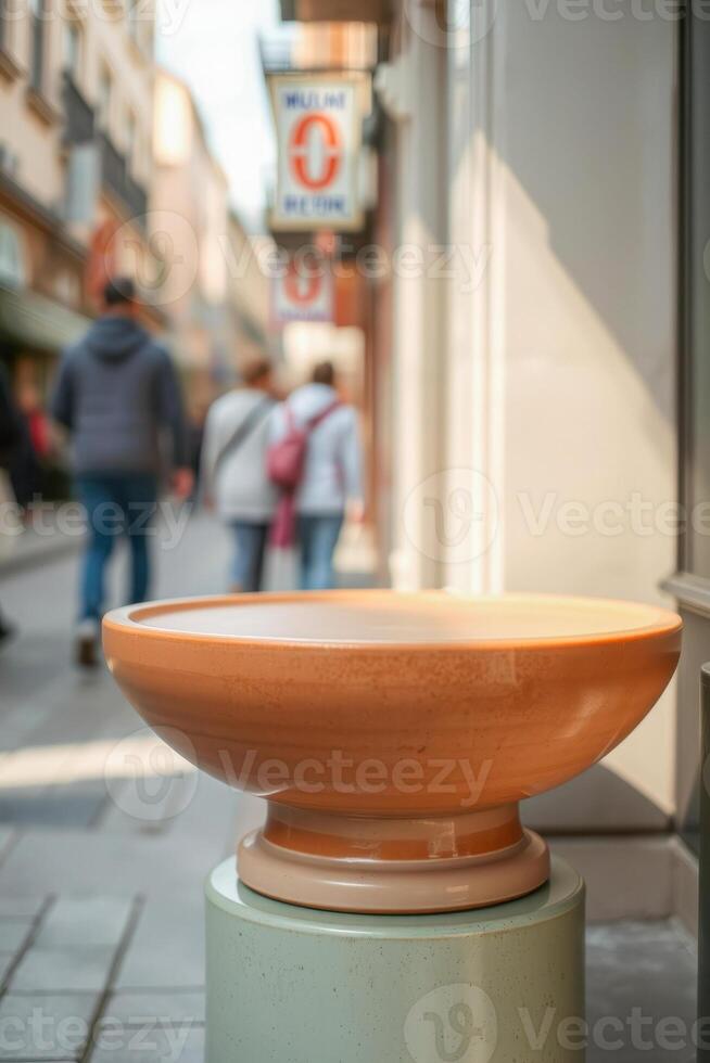 light ceramic bowl on a pale green pedestal photo