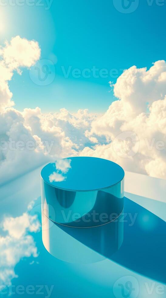teal cylindrical platform reflecting a partly cloudy sky photo