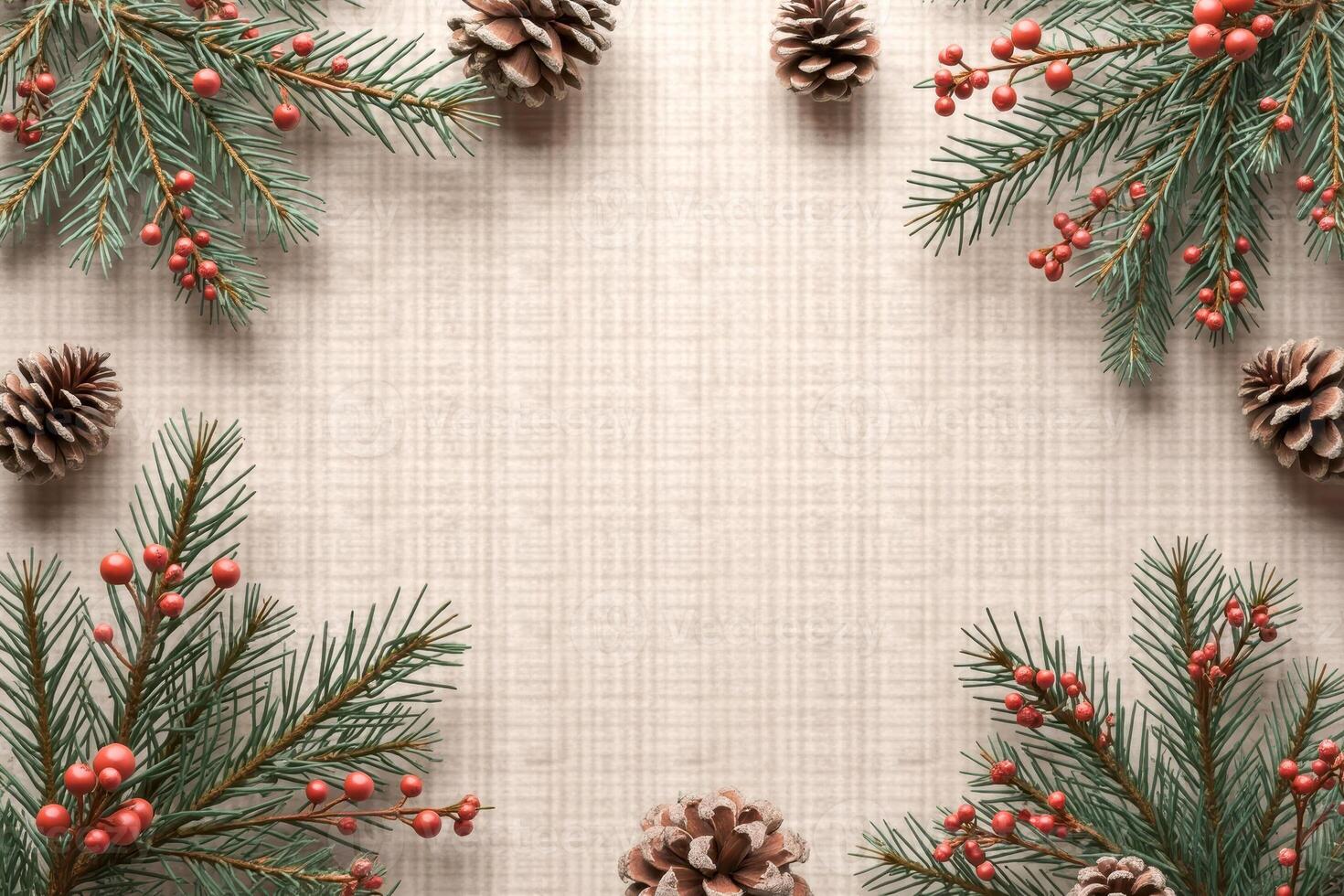 frame evergreen branches pine cones red berries on a beige background. photo