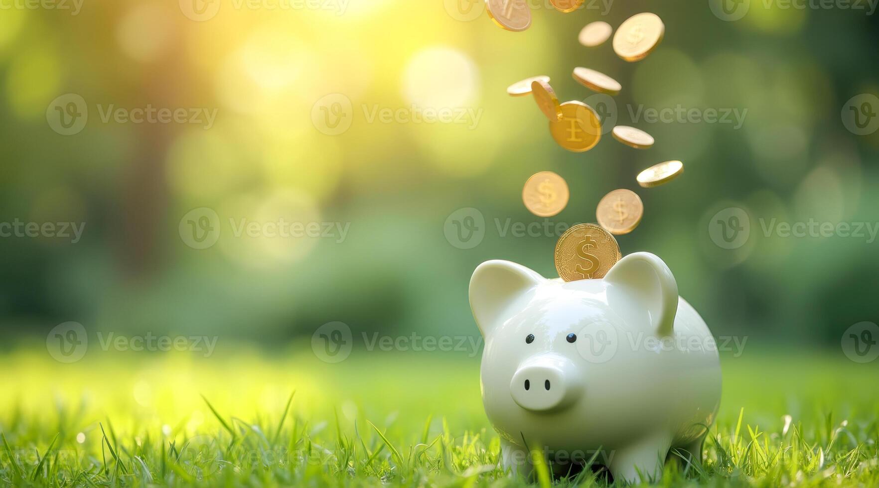 golden coins falling into piggy bank on grass photo