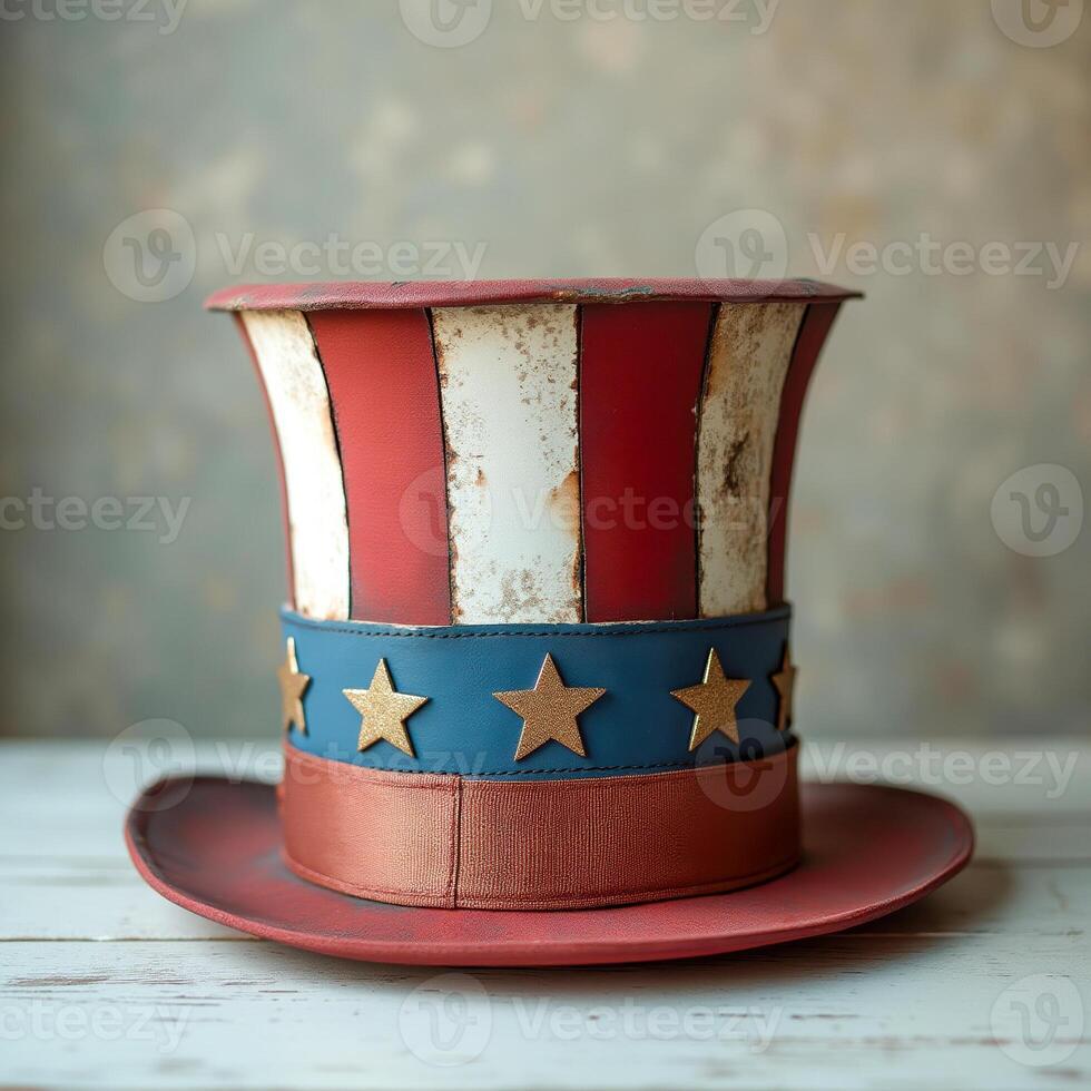 distressed patriotically-colored top hat with gold stars photo