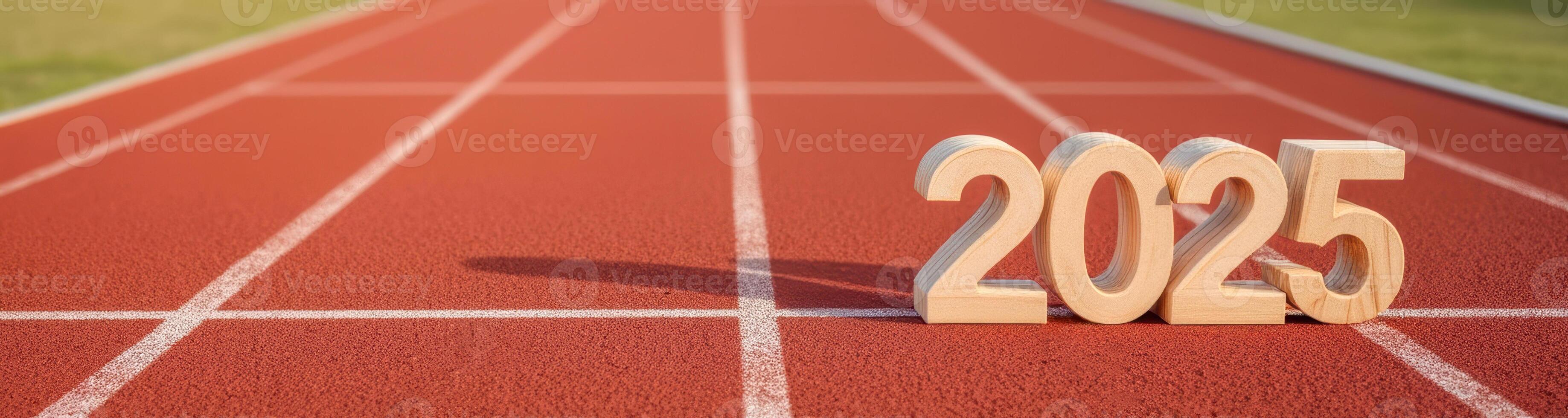 wooden number blocks on running track showing 2025 photo