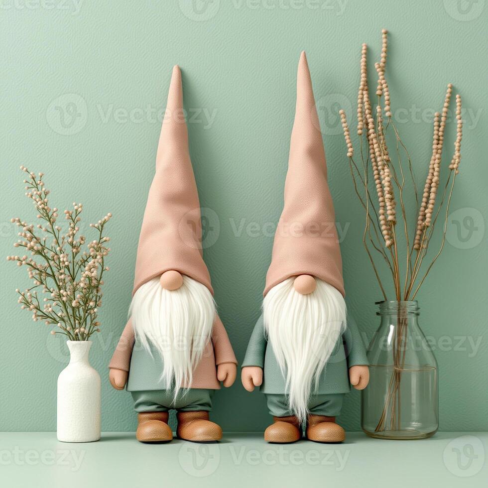 two rosy-hatted figures flanked by delicate flower arrangements photo
