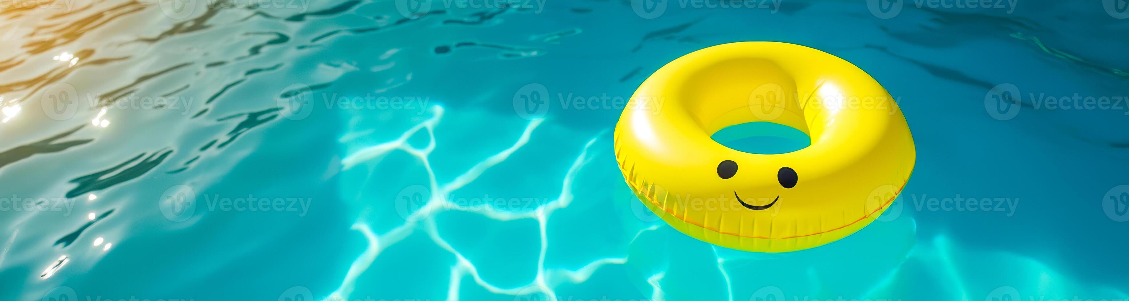 smiling yellow inflatable ring blue pool photo