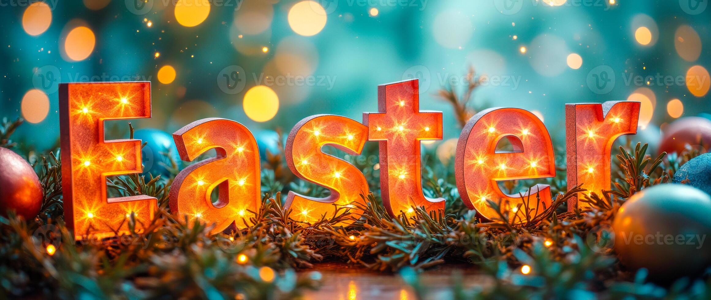 illuminated easter letters on green plant sprigs photo