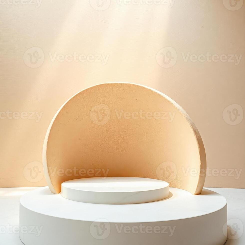minimalist product display with circular platforms pale-yellow backdrop photo
