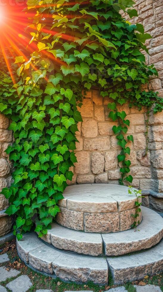sunlight dappled stone steps with abundant green vines photo