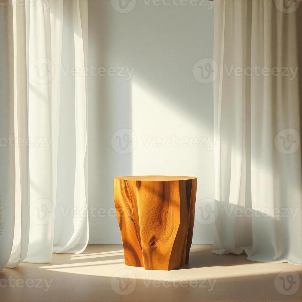 sunlit room features a minimalist wooden pedestal photo