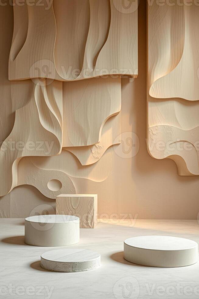 three white cylindrical platforms a cube rest against a beige textured wall. photo