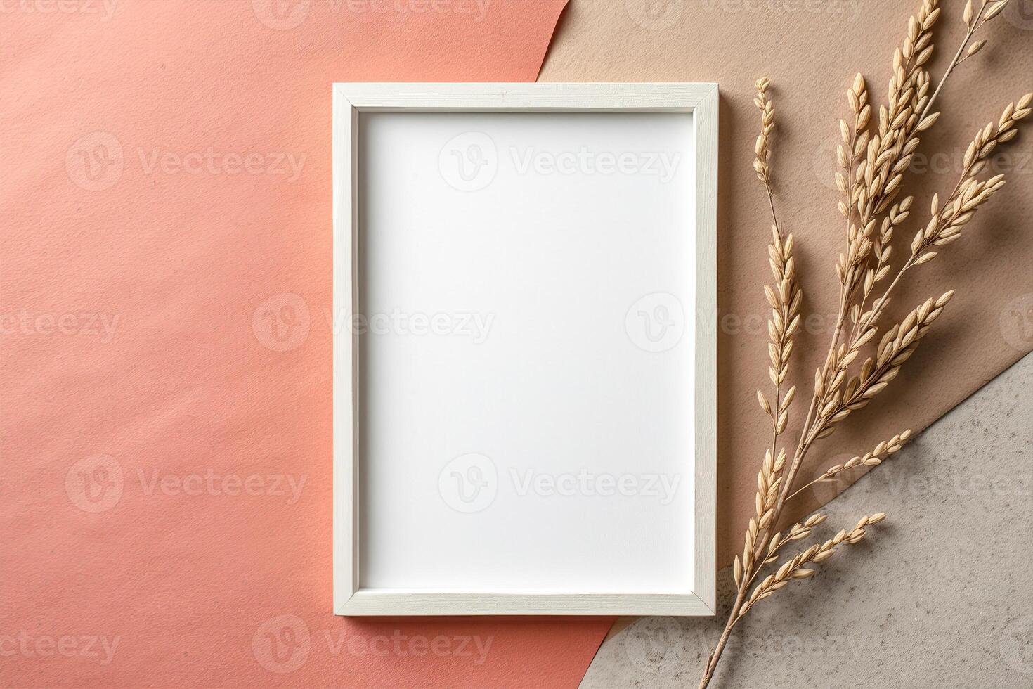white frame with dried plants on a two-toned background photo