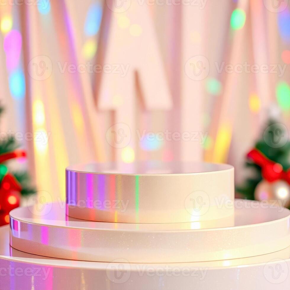 iridescent pink display stand with festive background photo