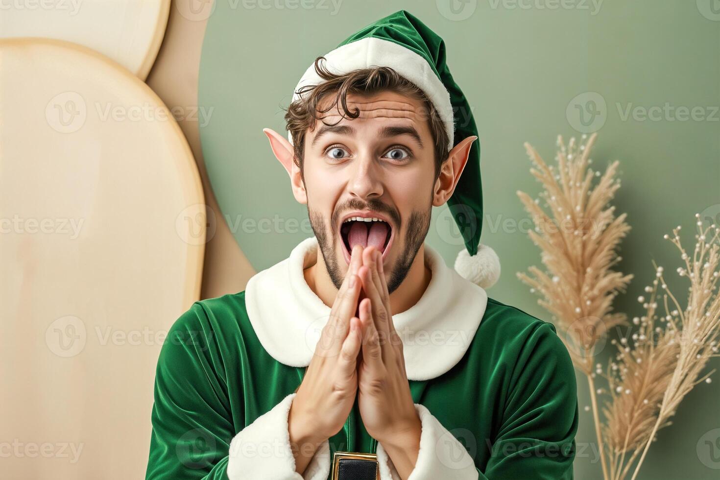 surprised elf a green velvet costume photo