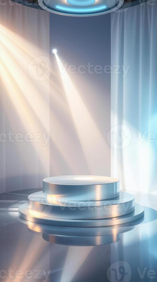 reflective circular platform with light beams photo