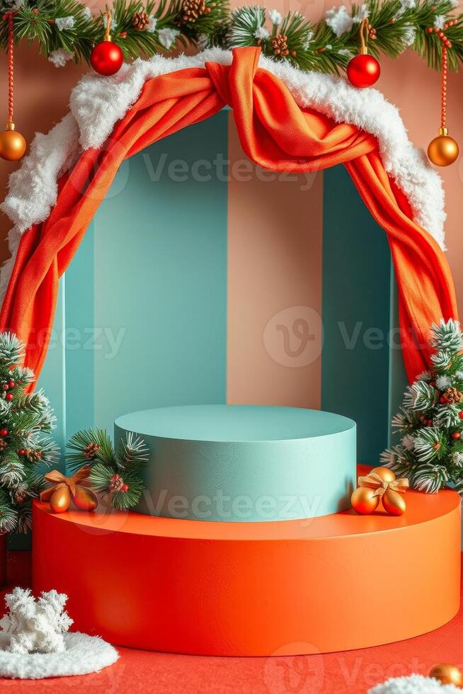 festive teal display stand with winter decorations photo