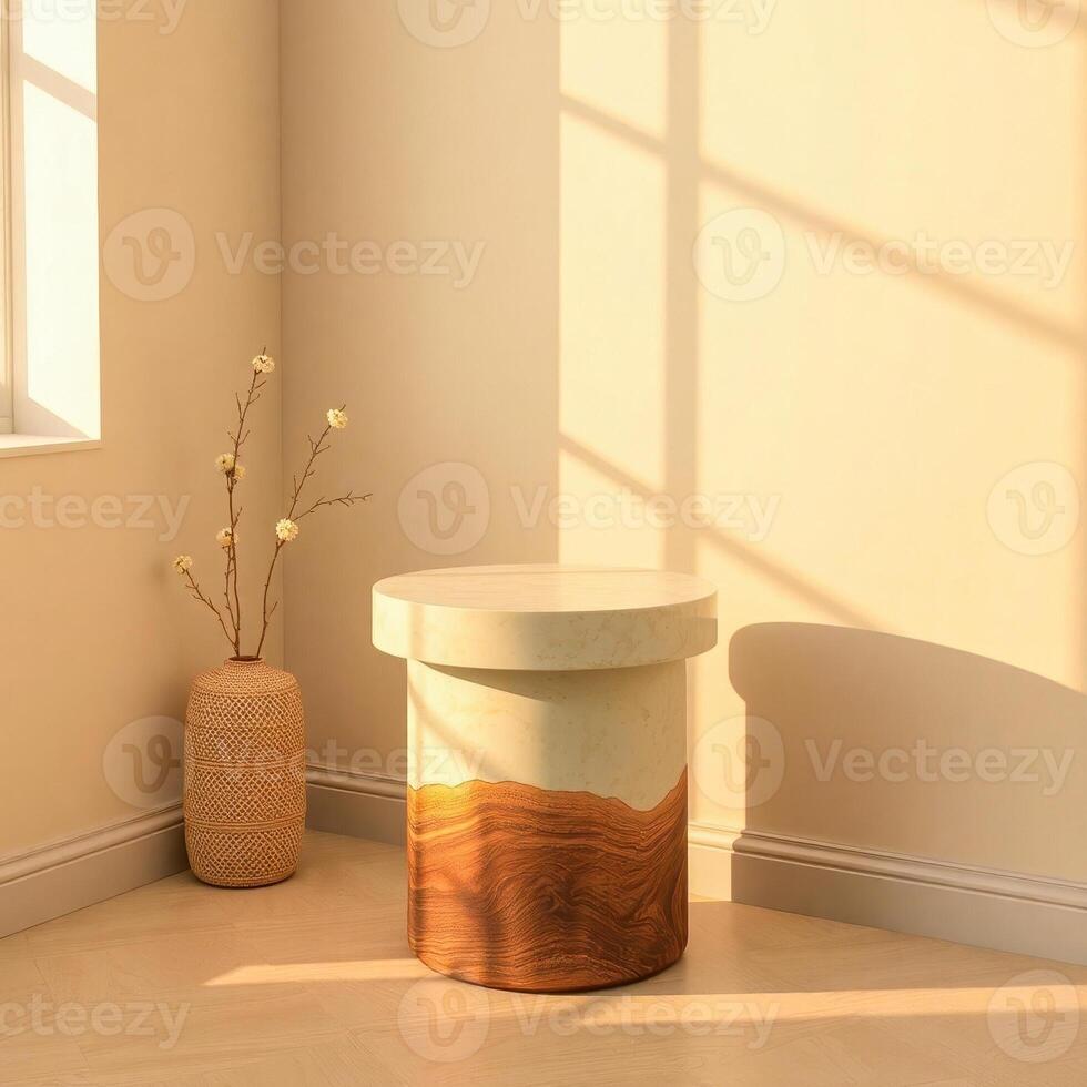 cylindrical pedestal with wooden base white flowers photo