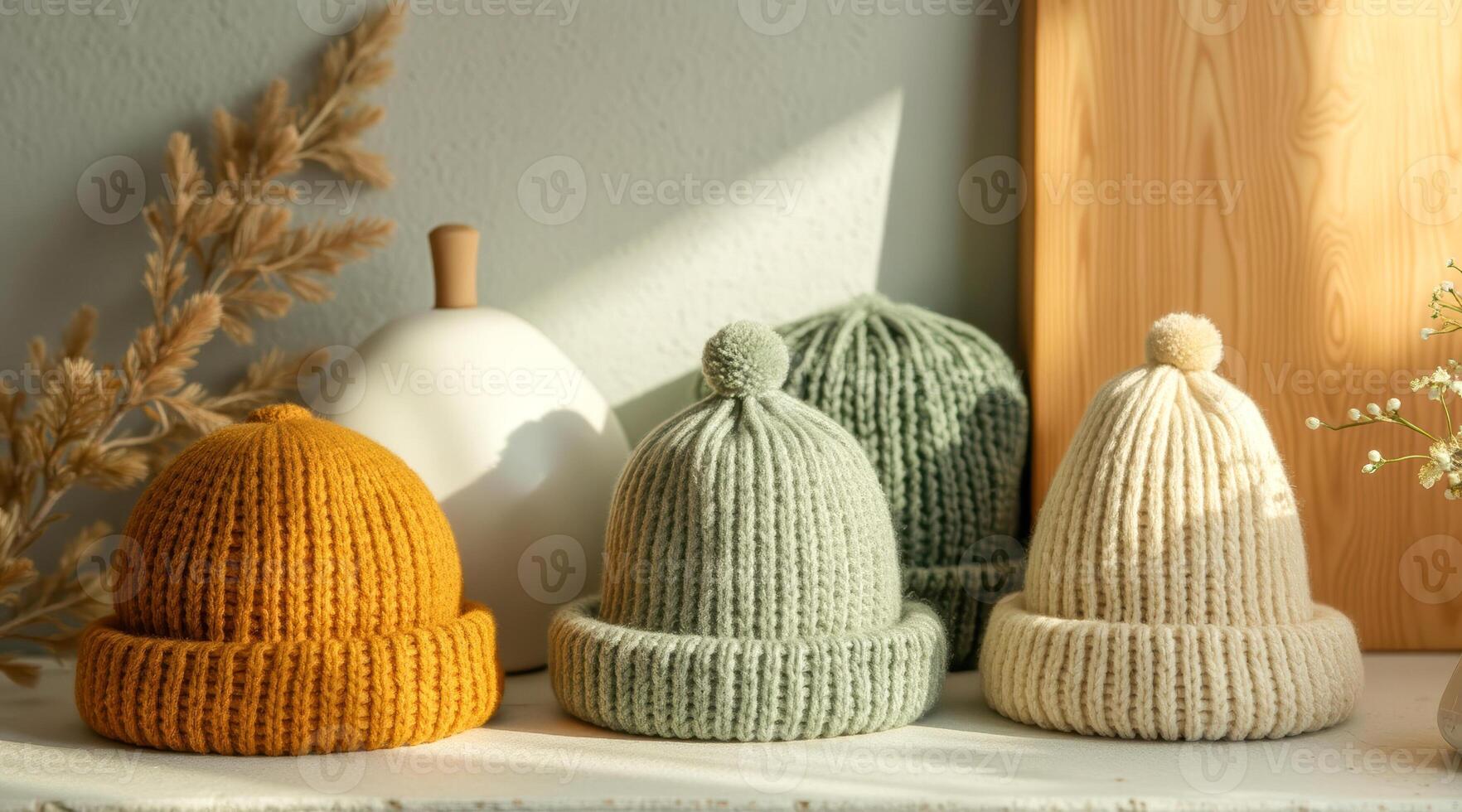 three woolen hats with pom-poms autumnal colors photo