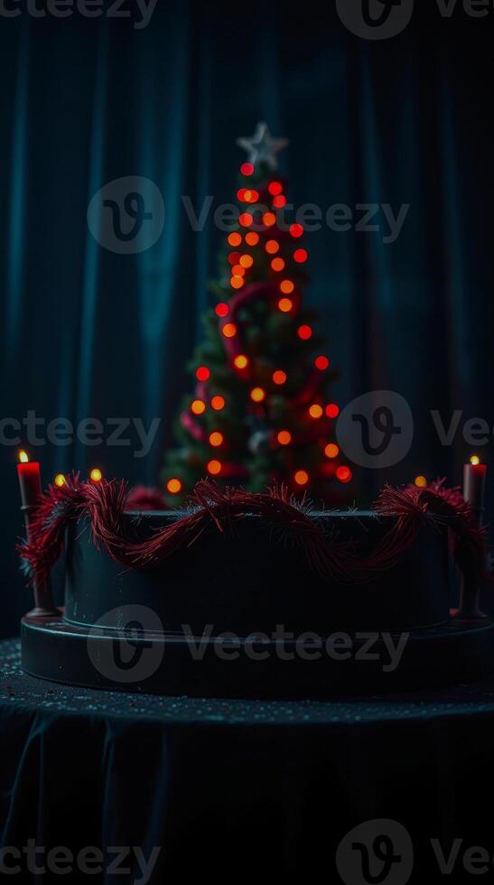 black platform with red accents christmas tree photo