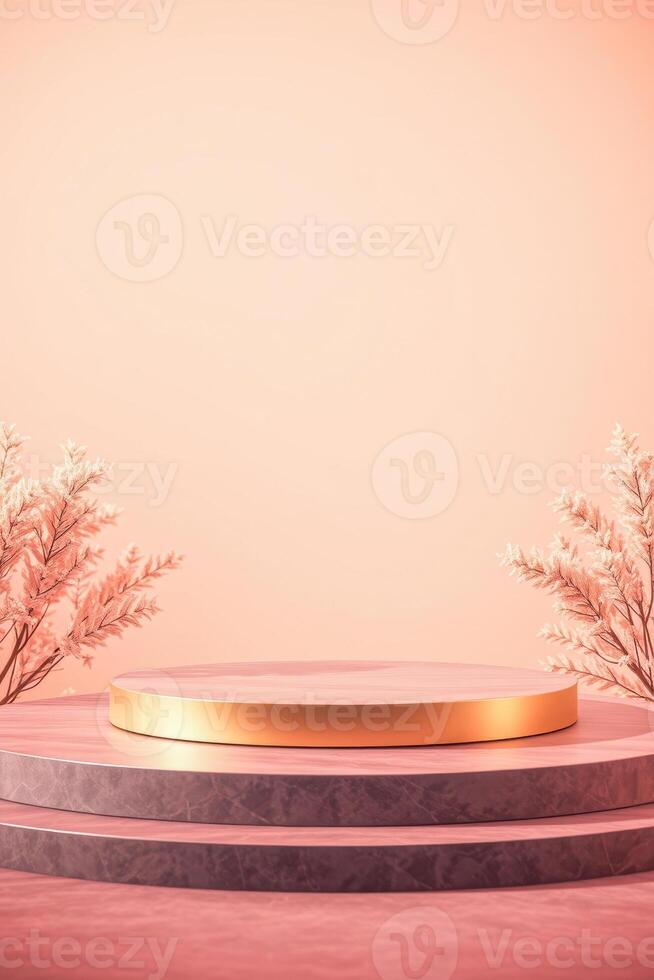 three-tiered marble gold display platform with pale foliage photo