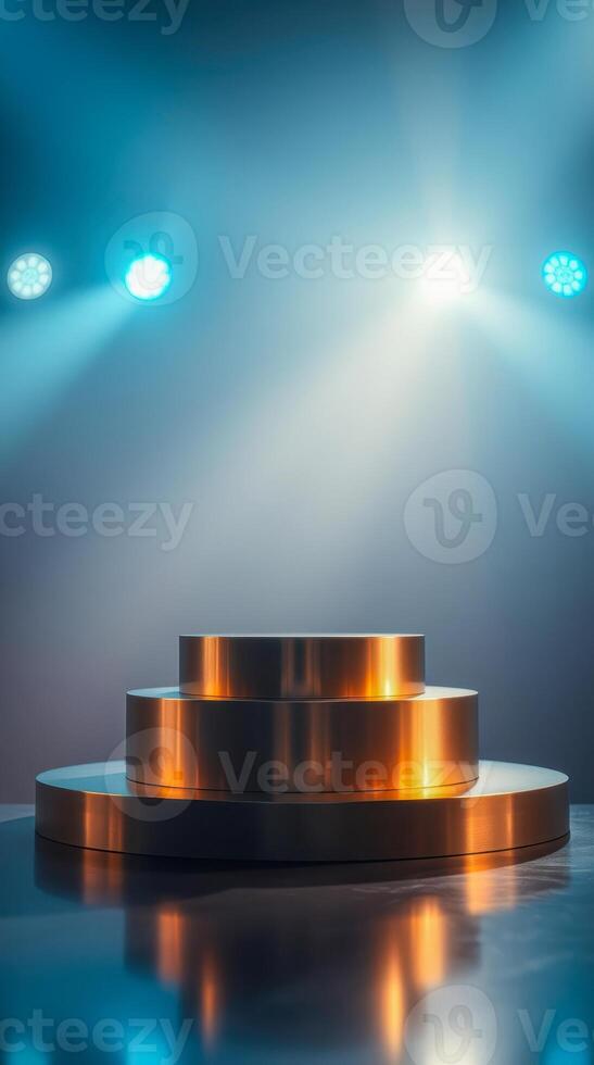 three bronze cylindrical platforms on a reflective surface under warm cool lighting photo