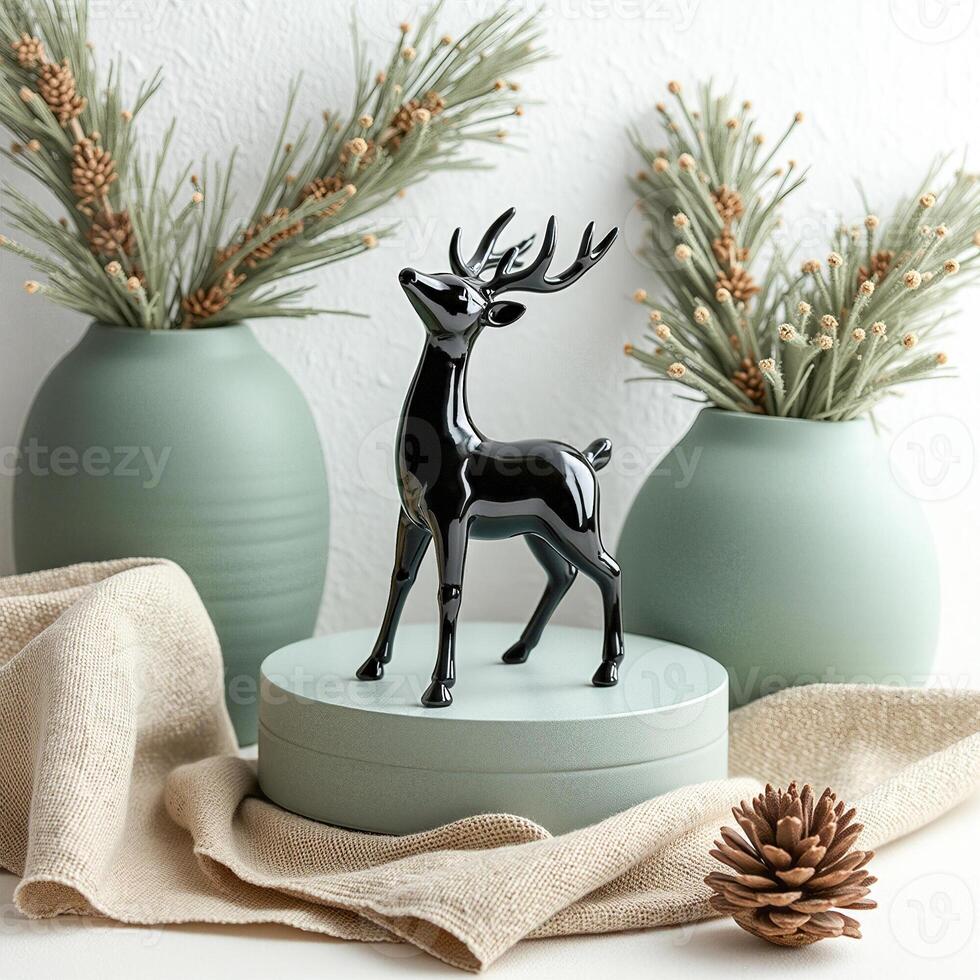 black deer figurine on pale green stand photo