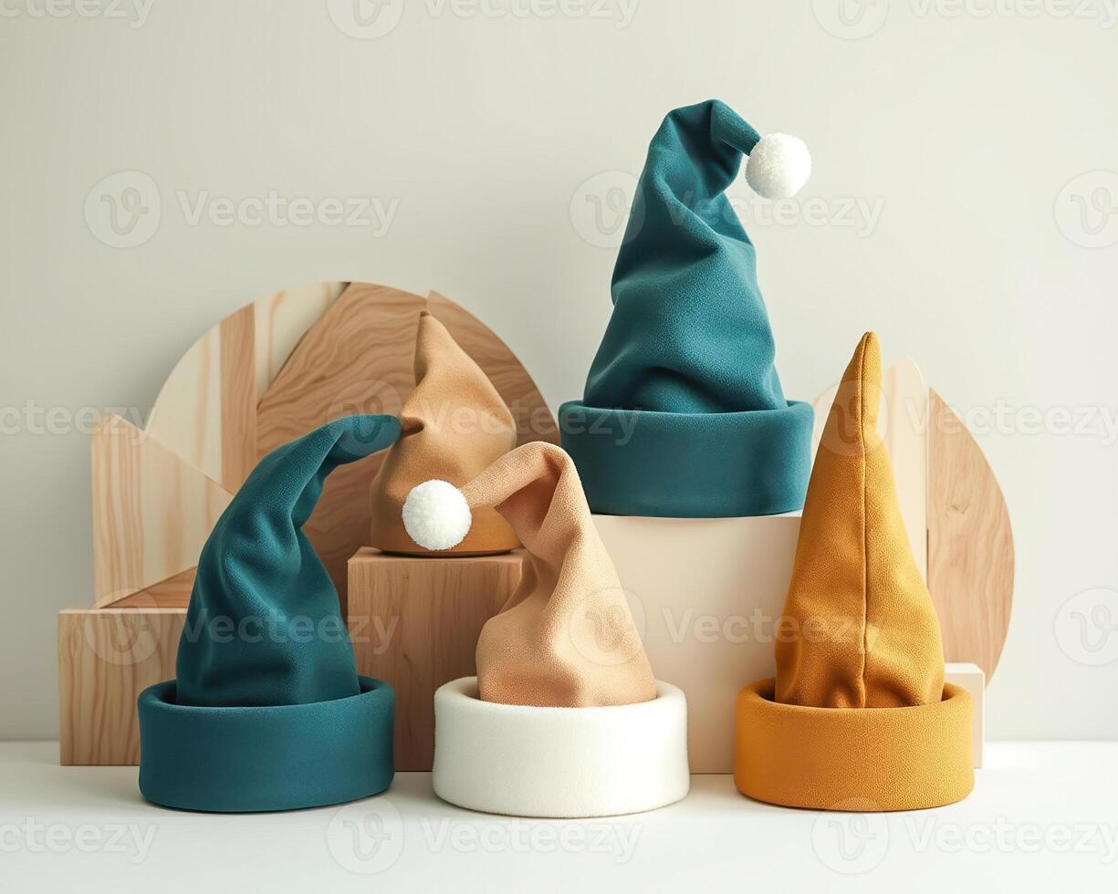 three plush winter hats displayed on simple wooden platforms. photo