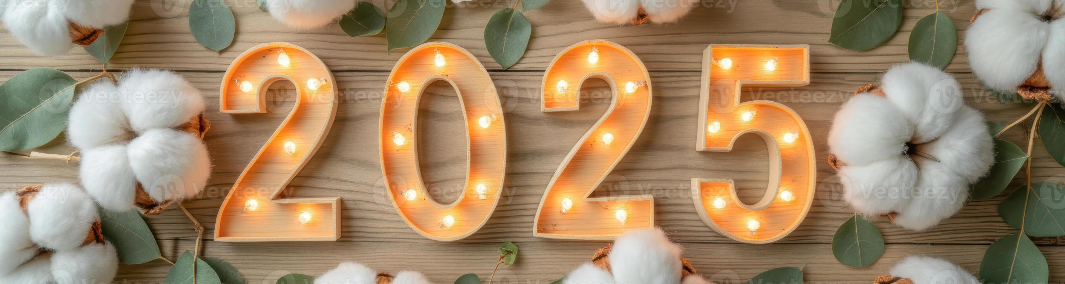 illuminated wooden 2025 number display with cotton eucalyptus photo