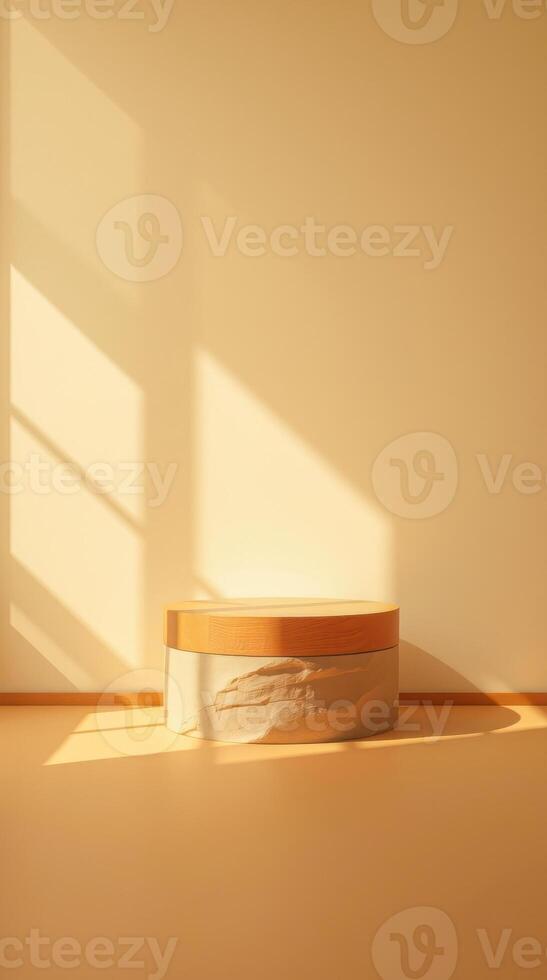 beige textured pedestal with wooden top sunlit room photo