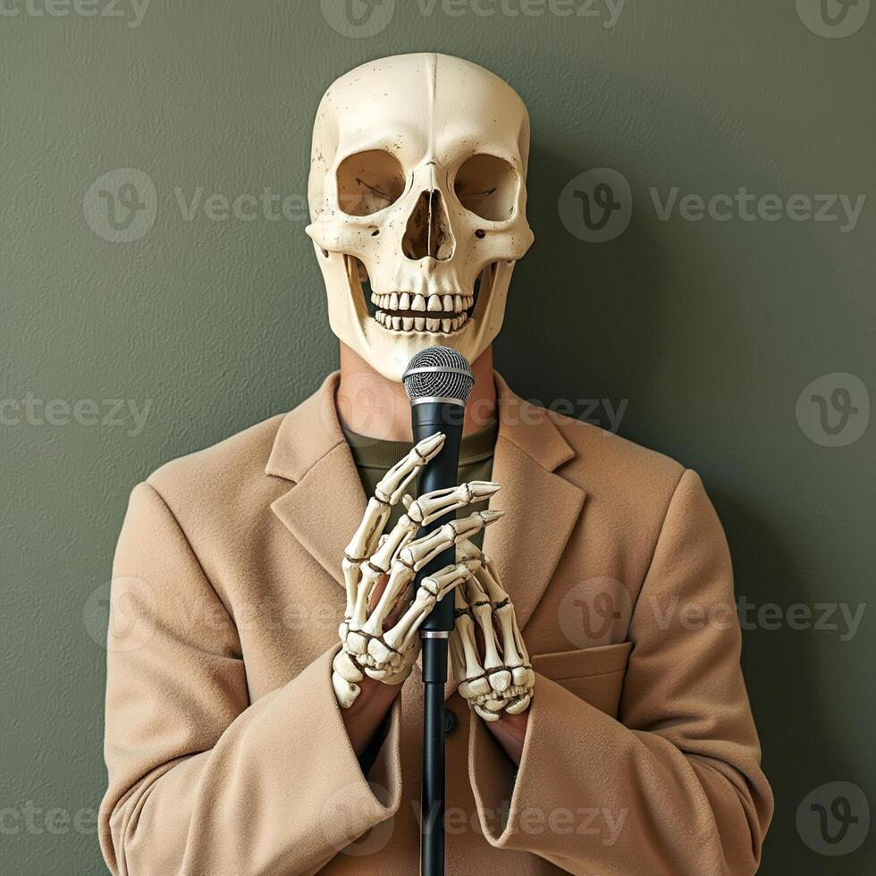 skeletal figure with microphone photo