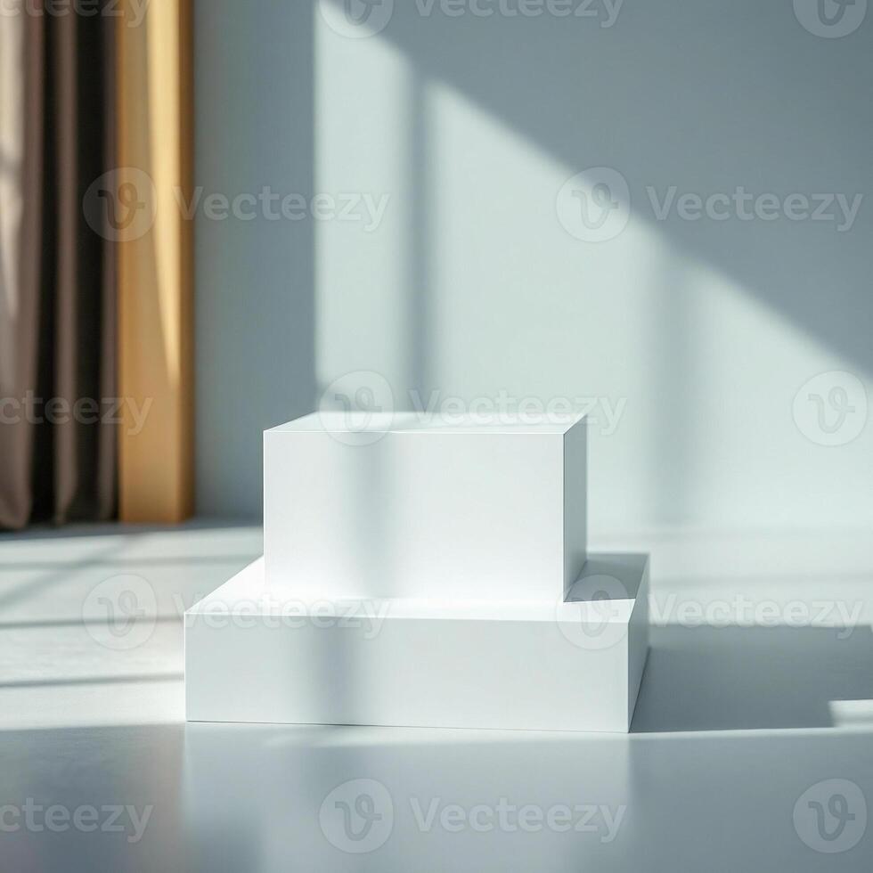 two white cubic display platforms a minimalist setting photo
