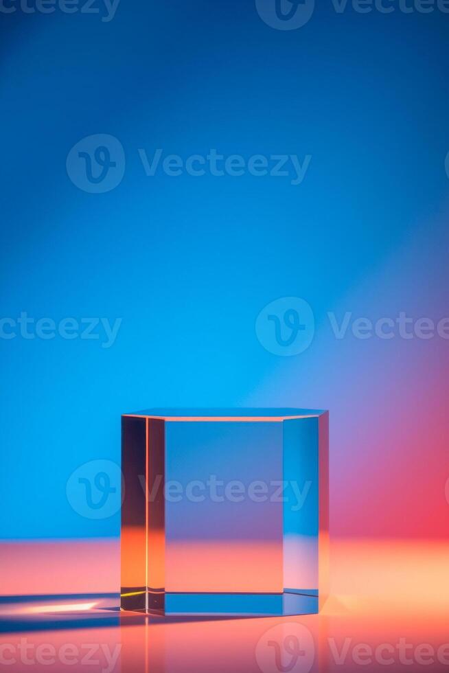 transparent hexagonal glass block rests on a reflective surface lit by dynamic blue red lighting. photo