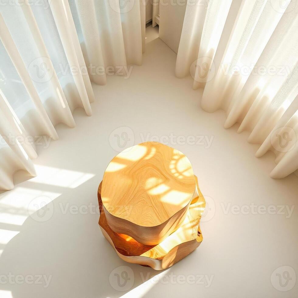 two-tiered organic wooden table sunlit room photo