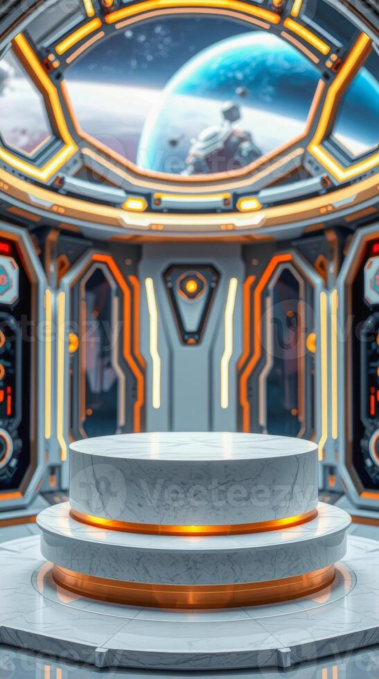 futuristic white marble platform space station setting photo