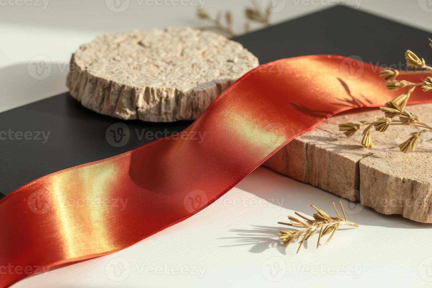 red ribbon on stone platforms with dried plants photo