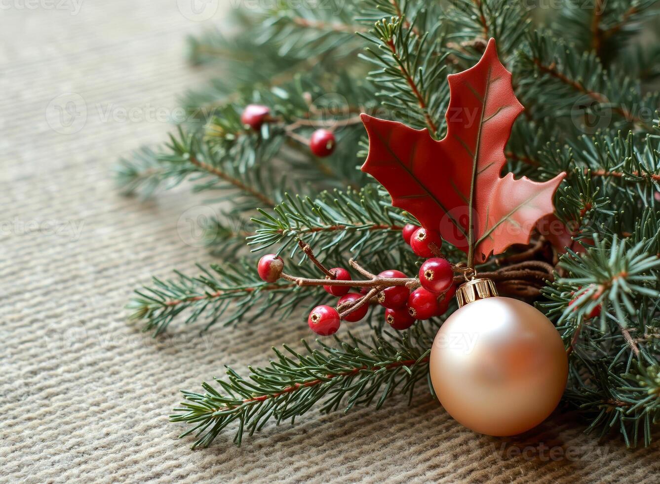 pale beige ball ornament rests on a bed evergreen branches adorned with red berries a brownish-red leaf photo