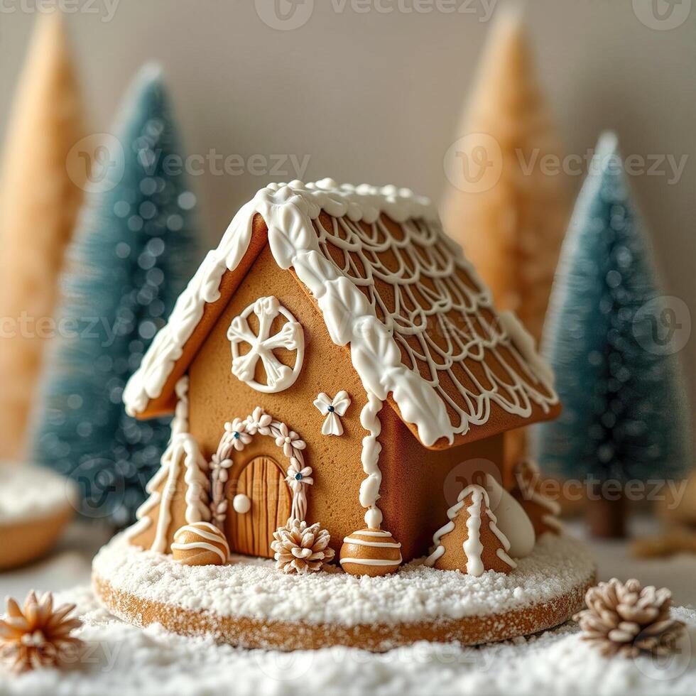 frosted gingerbread house with miniature trees photo