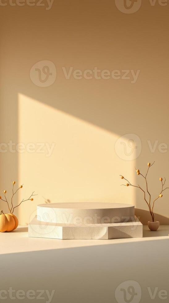 round platform with small pumpkins dried branches photo