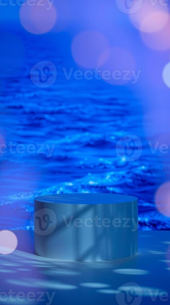 pale blue cylindrical pedestal against blurred blue water photo