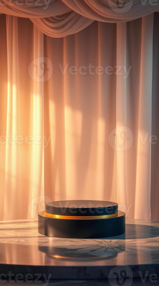 dark circular platform with gold accent against peach curtains photo