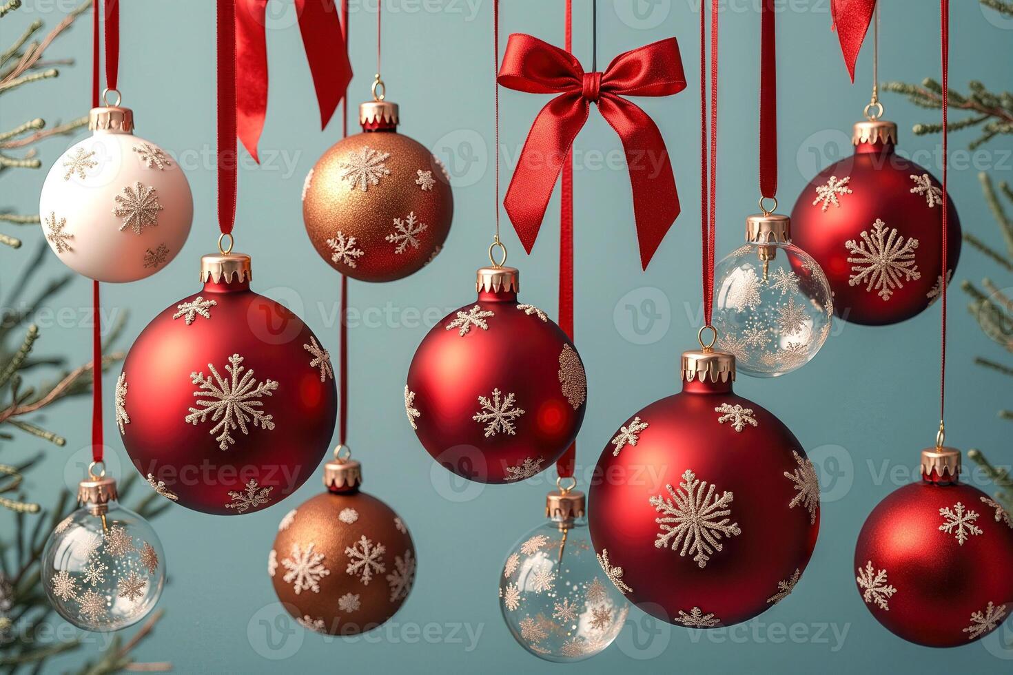 ornaments with snowflake hang against teal backdrop photo