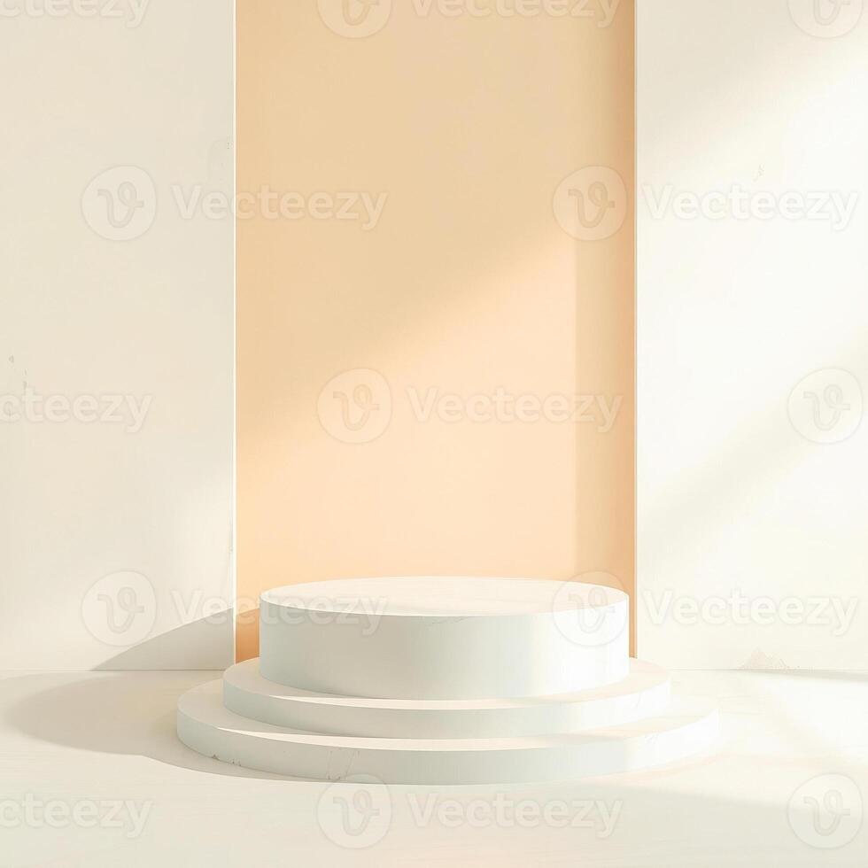 three-tiered white circular platform minimalist room photo