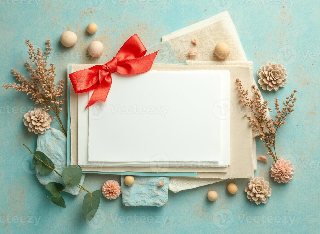 blank white card with red bow dried floral decor photo