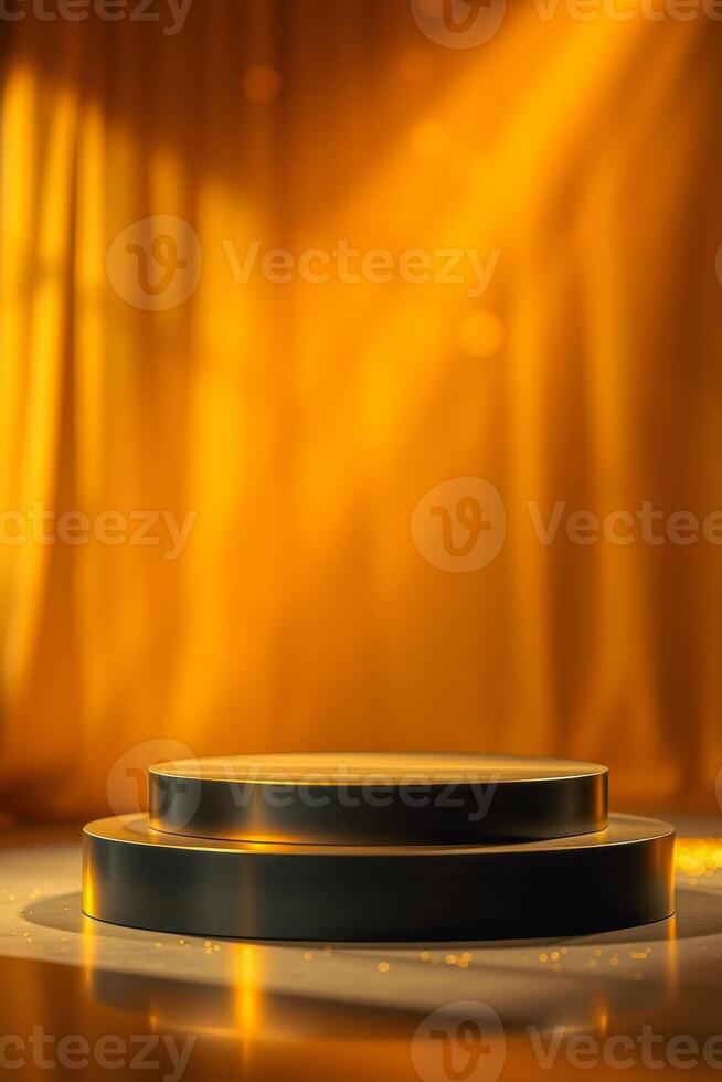 two-tiered dark gray cylindrical platform on golden drapery photo