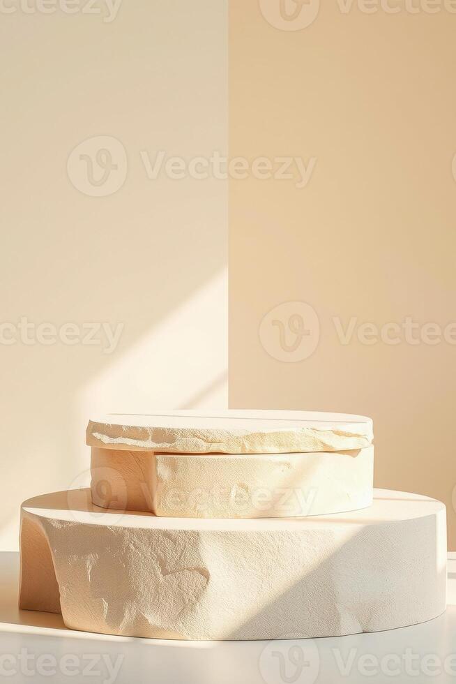 two-tiered round platforms with a stone-like texture illuminated by soft sunlight photo